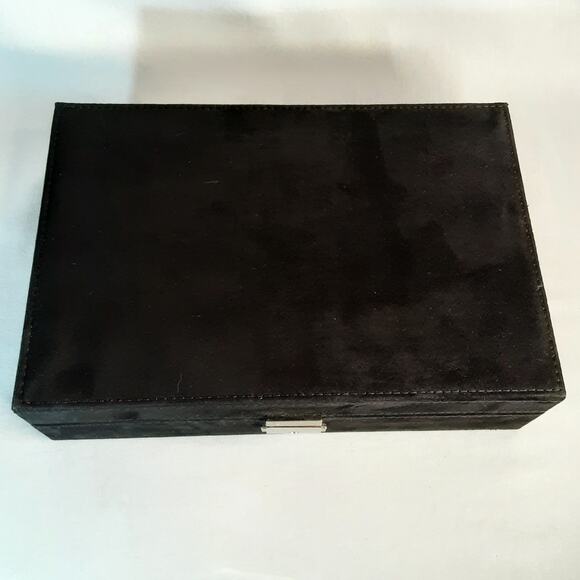 Black Velvety Fabric Lined Jewelry Box Multi Compartments Mirror Locking  Key - Picture 7 of 13